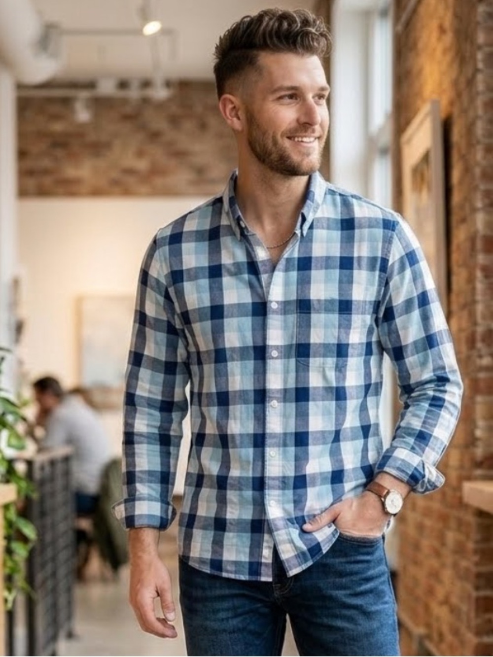 Y2K 90s Abercrombie & Fitch Plaid Shirt Preppy Blue Cotton Classic Size Medium